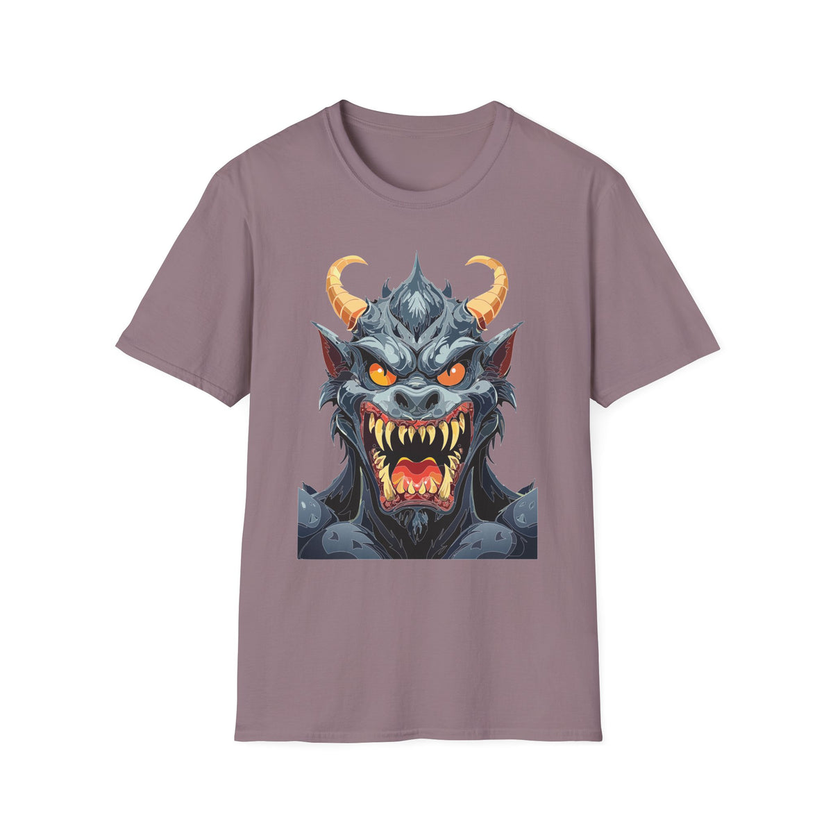 Demonic Monster Face T-Shirt — Fierce Horned Demon Cartoon Graphic Tee Unisex 100 Cotton Gildan T-Shirt
