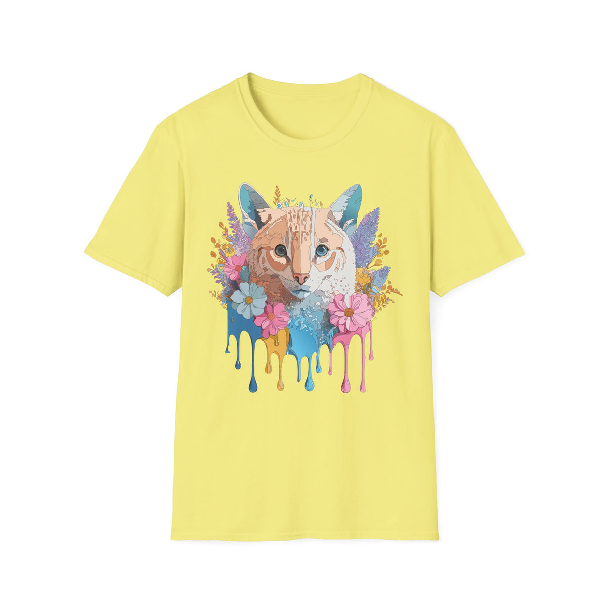 Watercolor Cat Face T-Shirt | Floral Drip Art, Colorful Kitty Tee