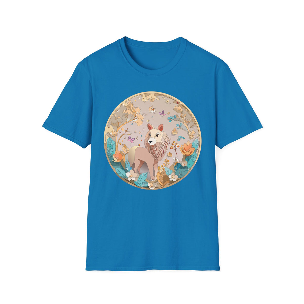 Whimsical Lion Garden Illustration T-Shirt | Floral Circle Art