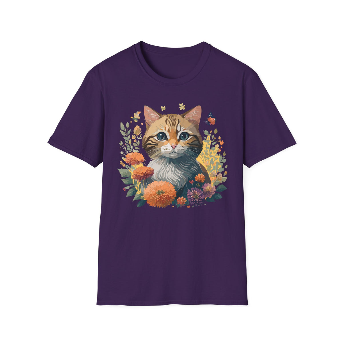 Cute Tabby Kitten Floral Illustration T-Shirt | Cat, Butterfly, Wildflowers Graphic Tee Unisex 100 Cotton Gildan T-Shirt
