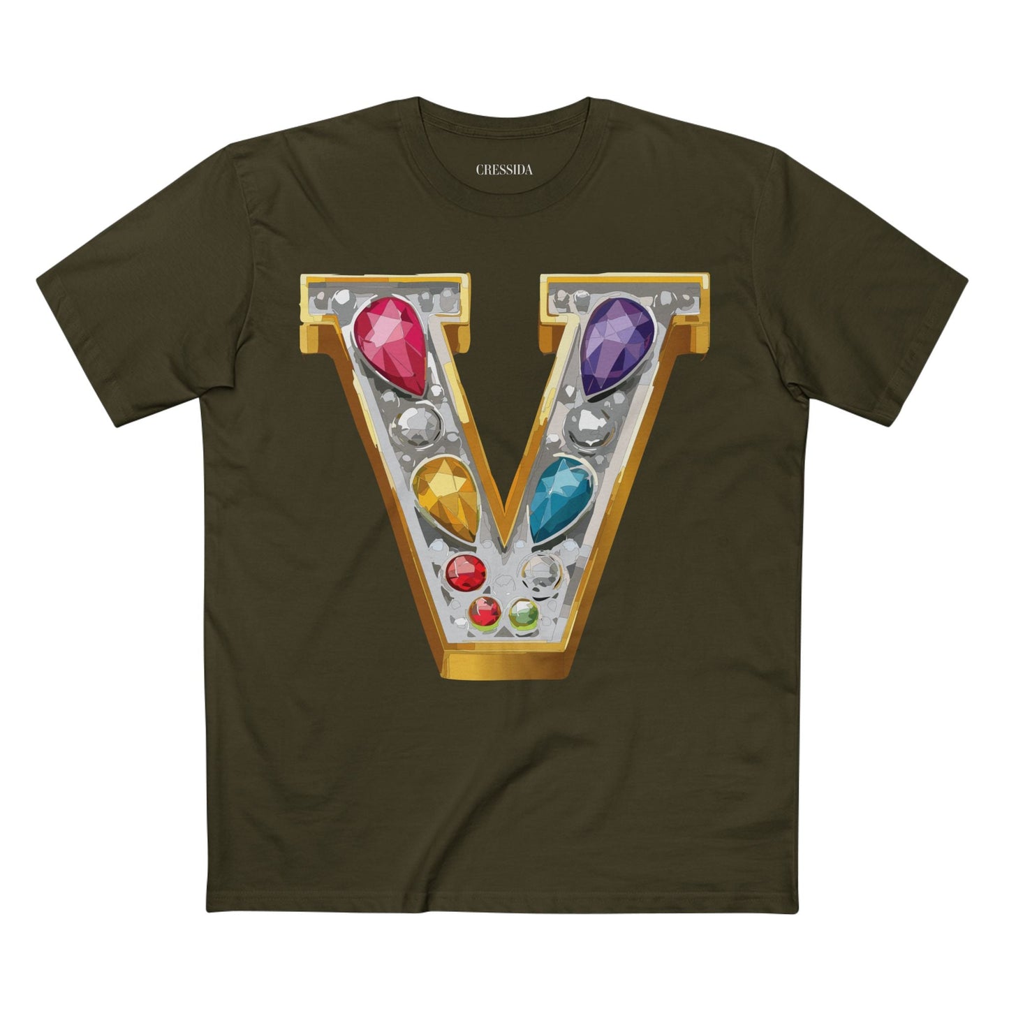 Letter V Graphic Design Tee Unisex 100 Cotton With Antique Gold Letters Artwork T-Shirt