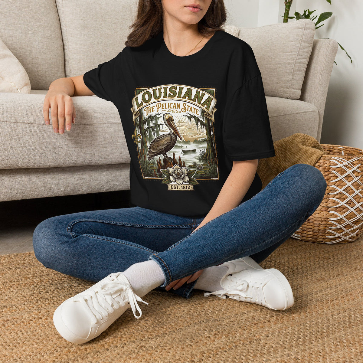Louisiana Pelican State T-Shirt – Vintage Travel Tourist Graphic Design Unisex 100 Cotton Gildan T-Shirt