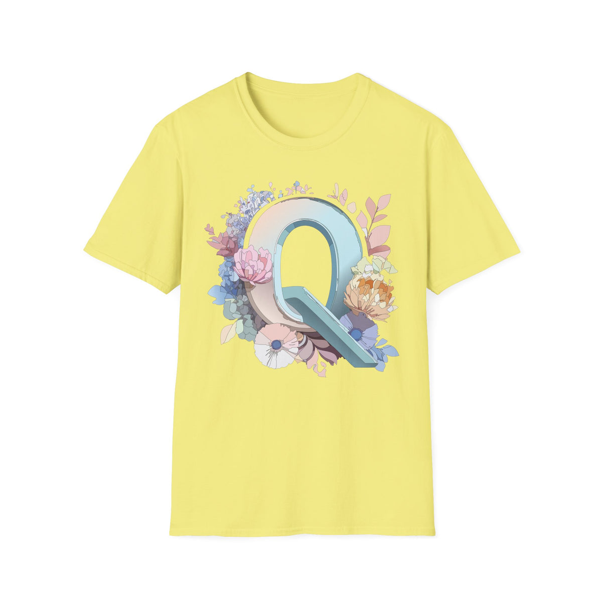 Floral Letter Q T-Shirt | Monogram Initial Tee, Pastel Botanical Alphabet