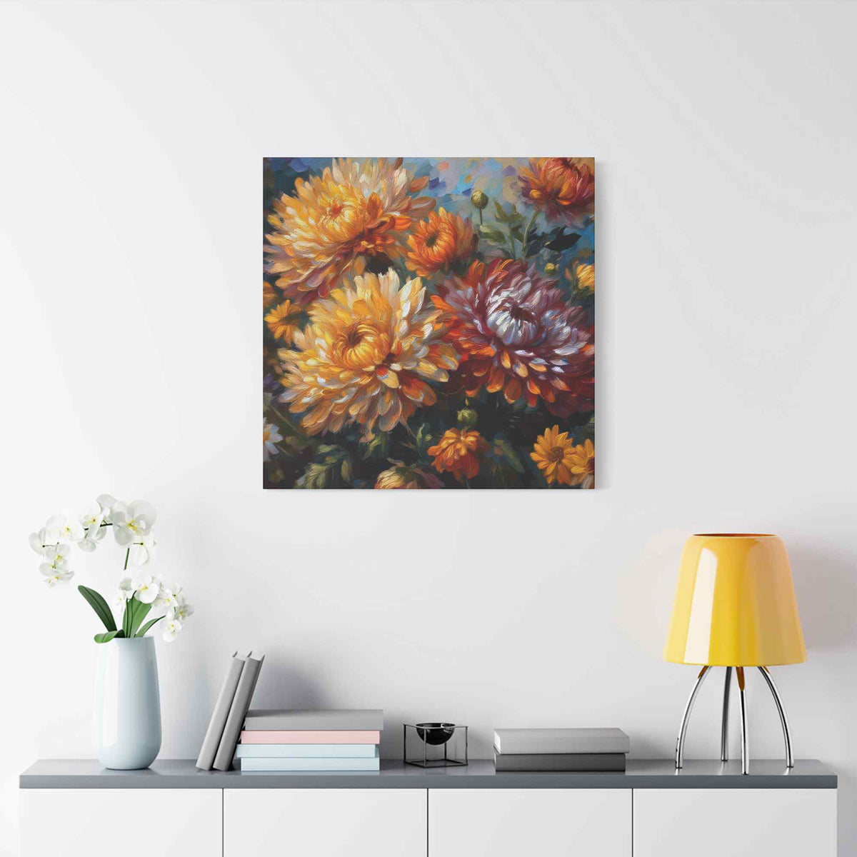 Chrysanthemums Print Canvas, Floral Oil Paint Print 20x20, 24x24, 30x30, 32x32, 36x36 Art Design Pine-Wood Inner Frame MC-157