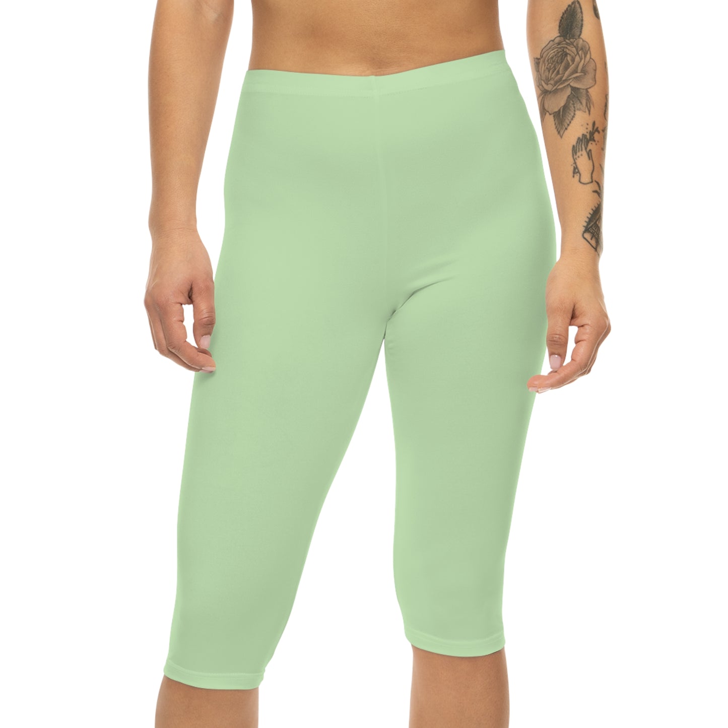 Tea Green Color Women's Brushed Suede Poly Span Casual Capri Leggings XS-2XL