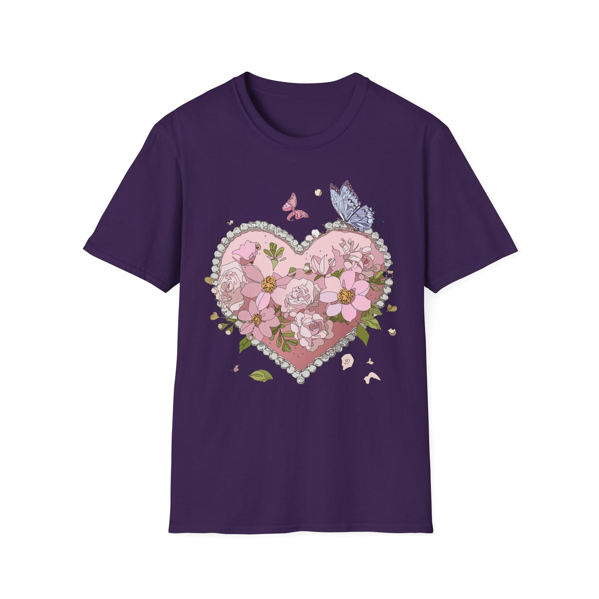Floral Heart with Butterflies T-Shirt | Pink Flower Heart Graphic Tee Unisex 100 Cotton Gildan T-Shirt