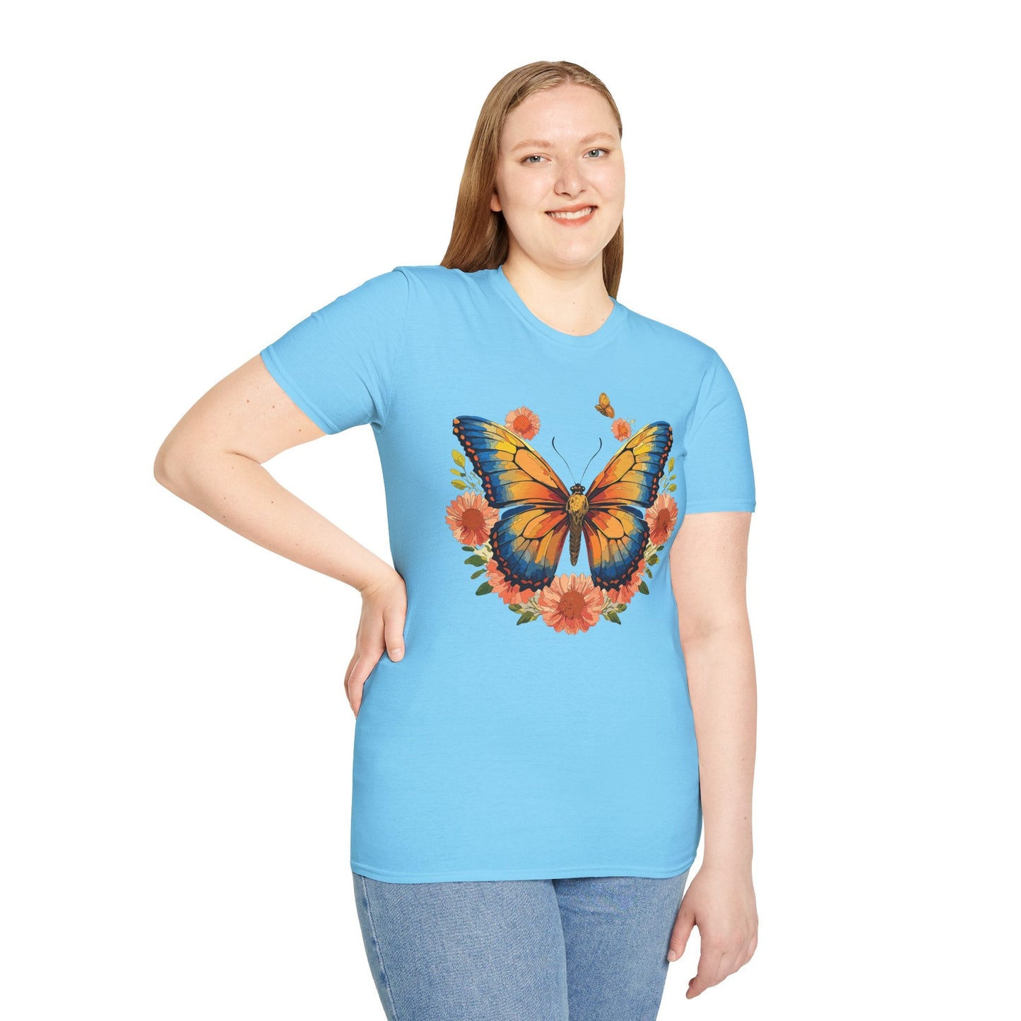 Butterfly T Shirt Unisex Softstyle Gildan 64000 Monarch Print 100 Percent Ring Spun Cotton