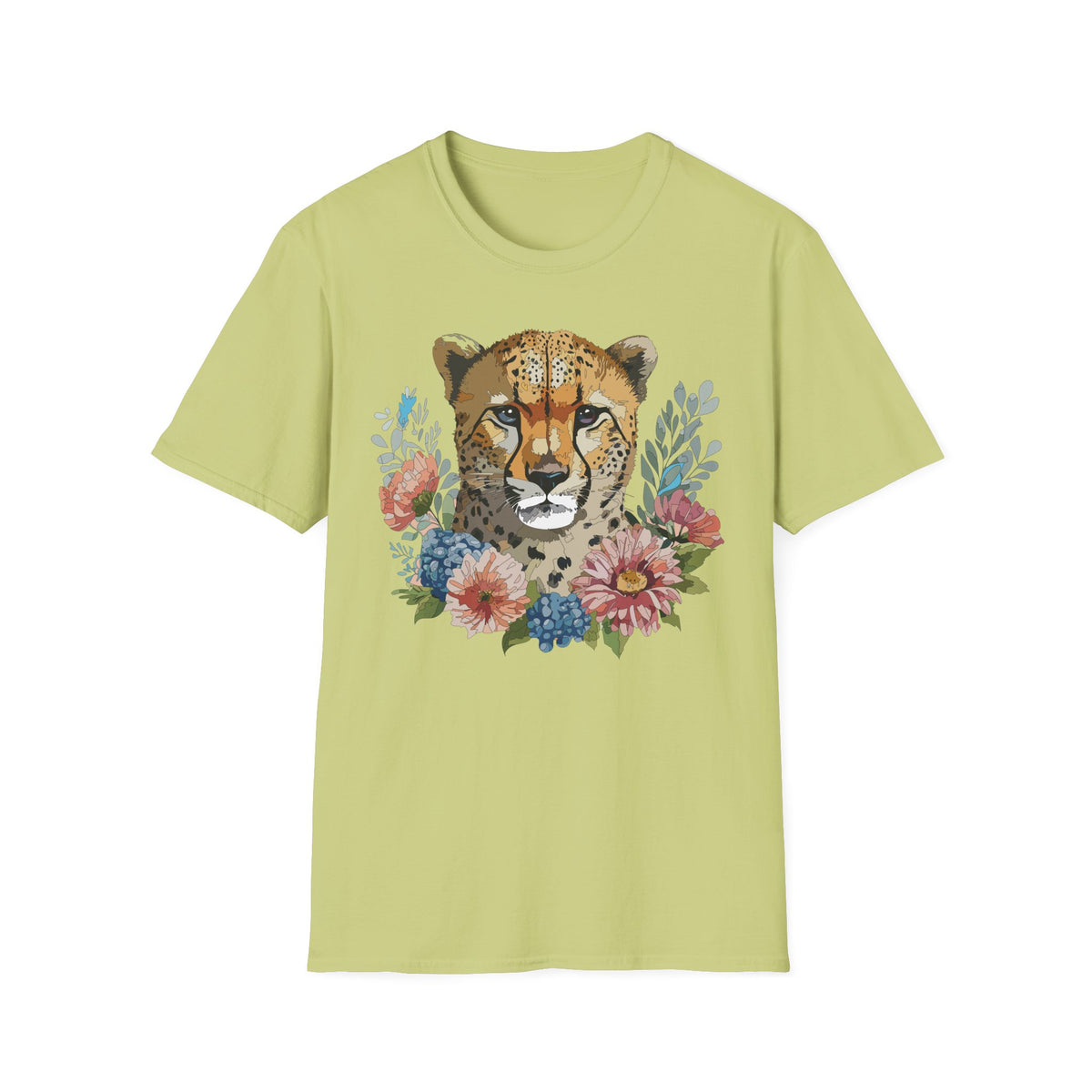 Floral Cheetah Face T-Shirt | Wild Cat Illustration, Botanical Accent