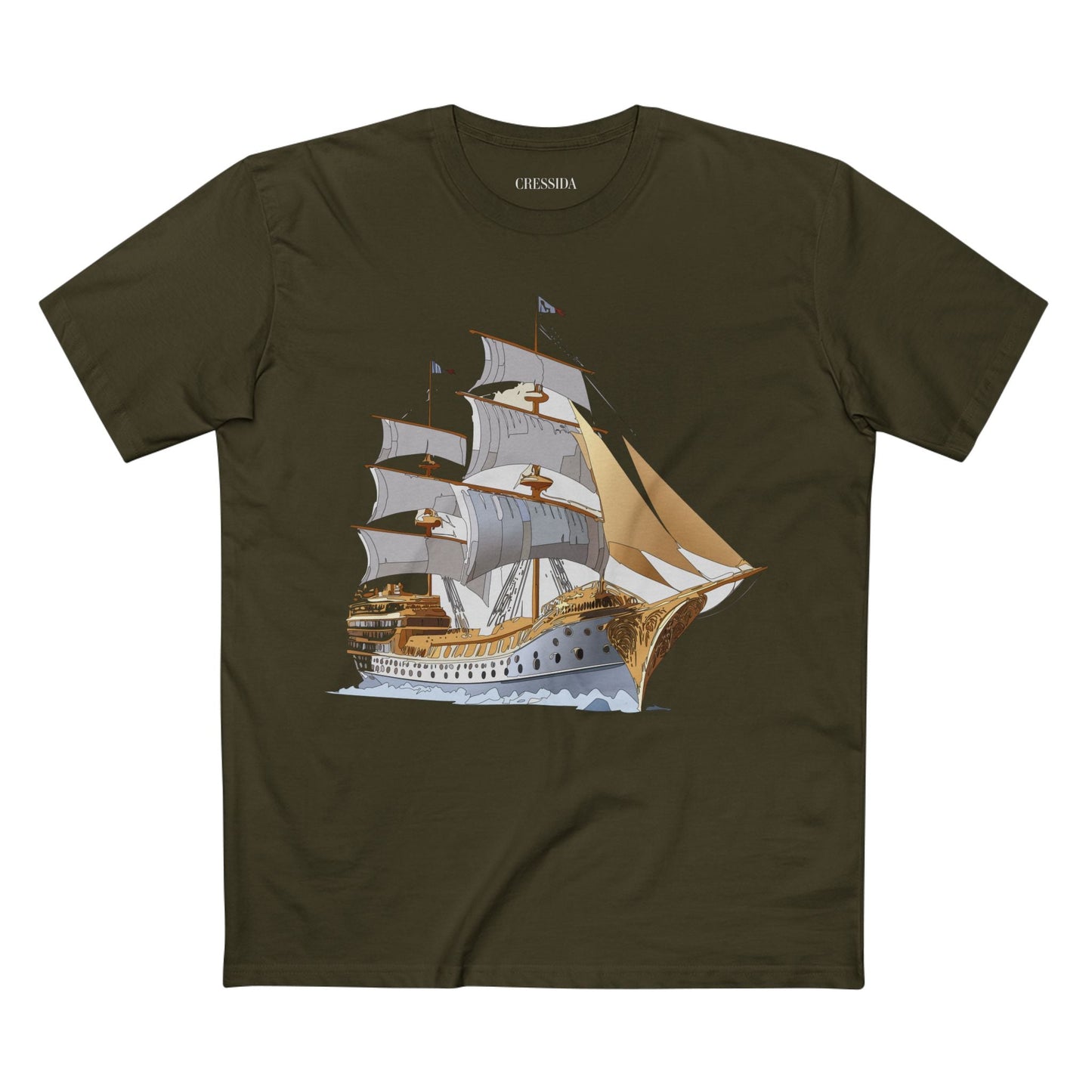 Ship Graphic Unisex 100 Cotton T-Shirt with Gold Frigate Art Design 7