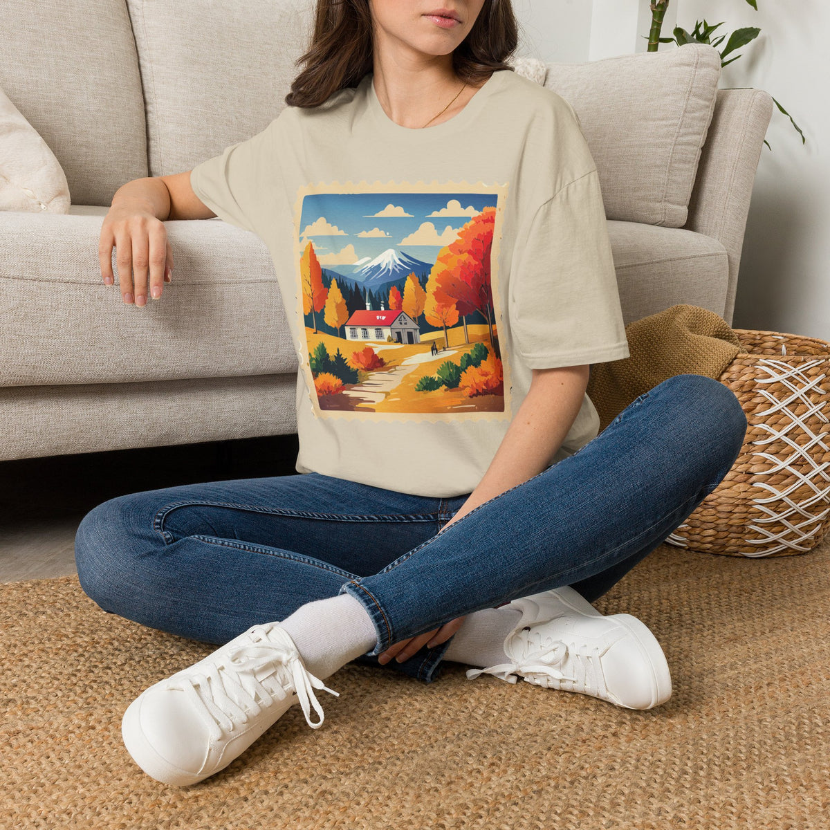 Autumn Mountain Cabin T-Shirt | Fall Landscape Stamp Art
