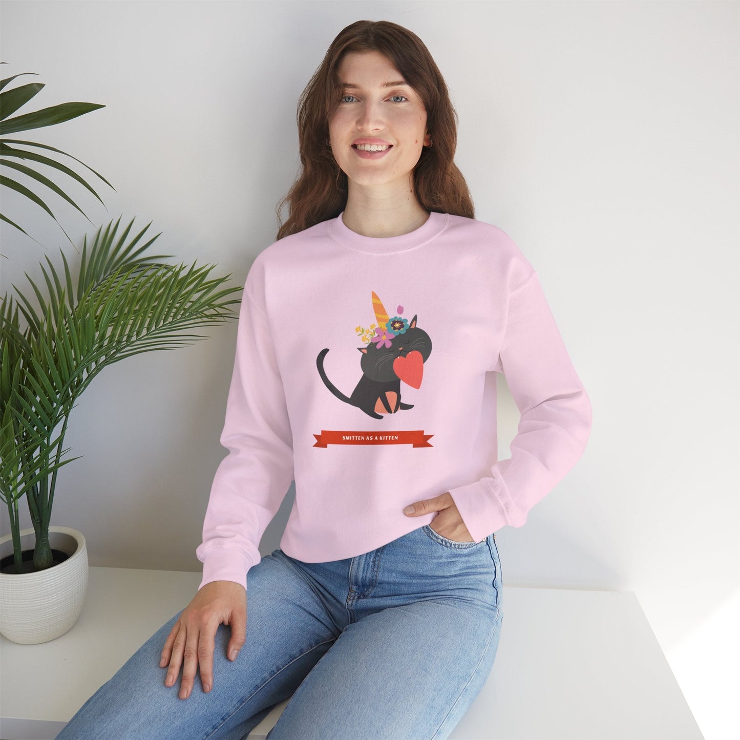 Cat Heart Sweatshirt Unisex Valentine Gift 50/50 Cotton-Poly Crewneck Gildan 18000