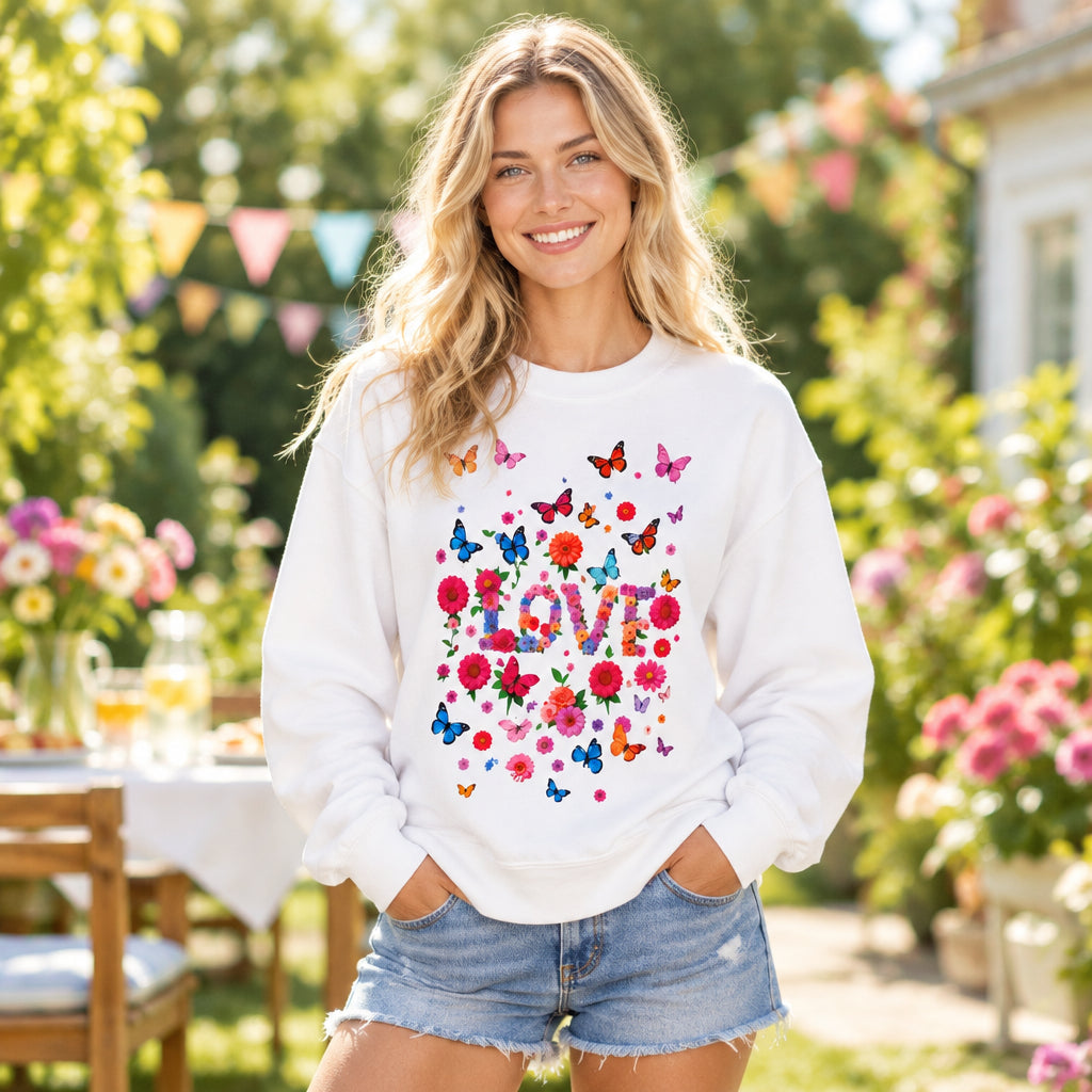 Unisex Floral Love Sweatshirt, Love Floral Sweatshirt, Floral Butterfly Sweatshirt, 50/50 Cotton-Poly Valentine's Day Sweatshirt 07