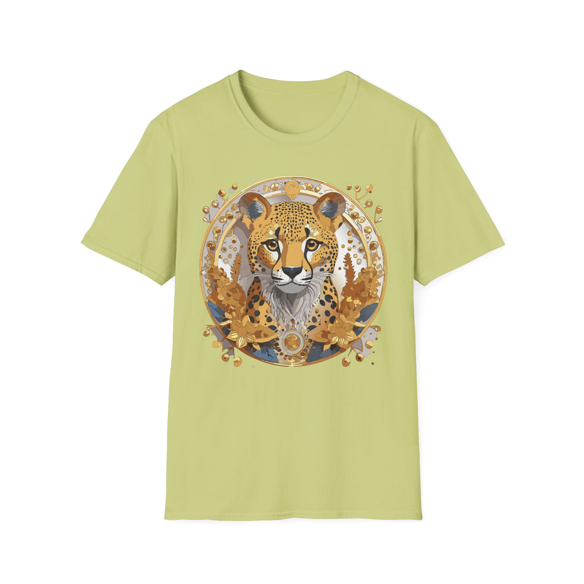 Golden Cheetah Face T-Shirt | Floral Accent, Boho Circle Design