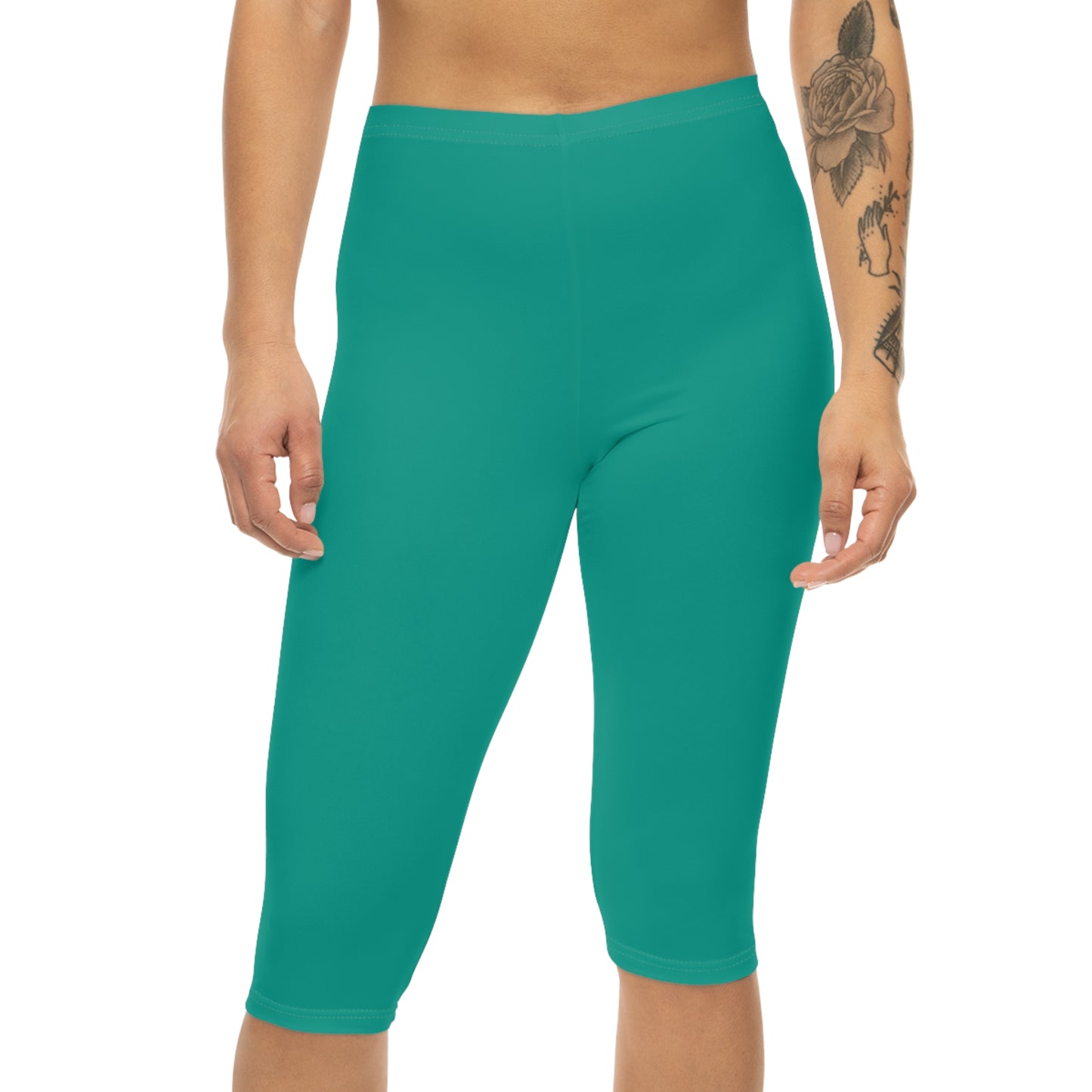Verdigris Teal Color Women's Brushed Suede Poly Span Casual Capri Leggings XS-2XL