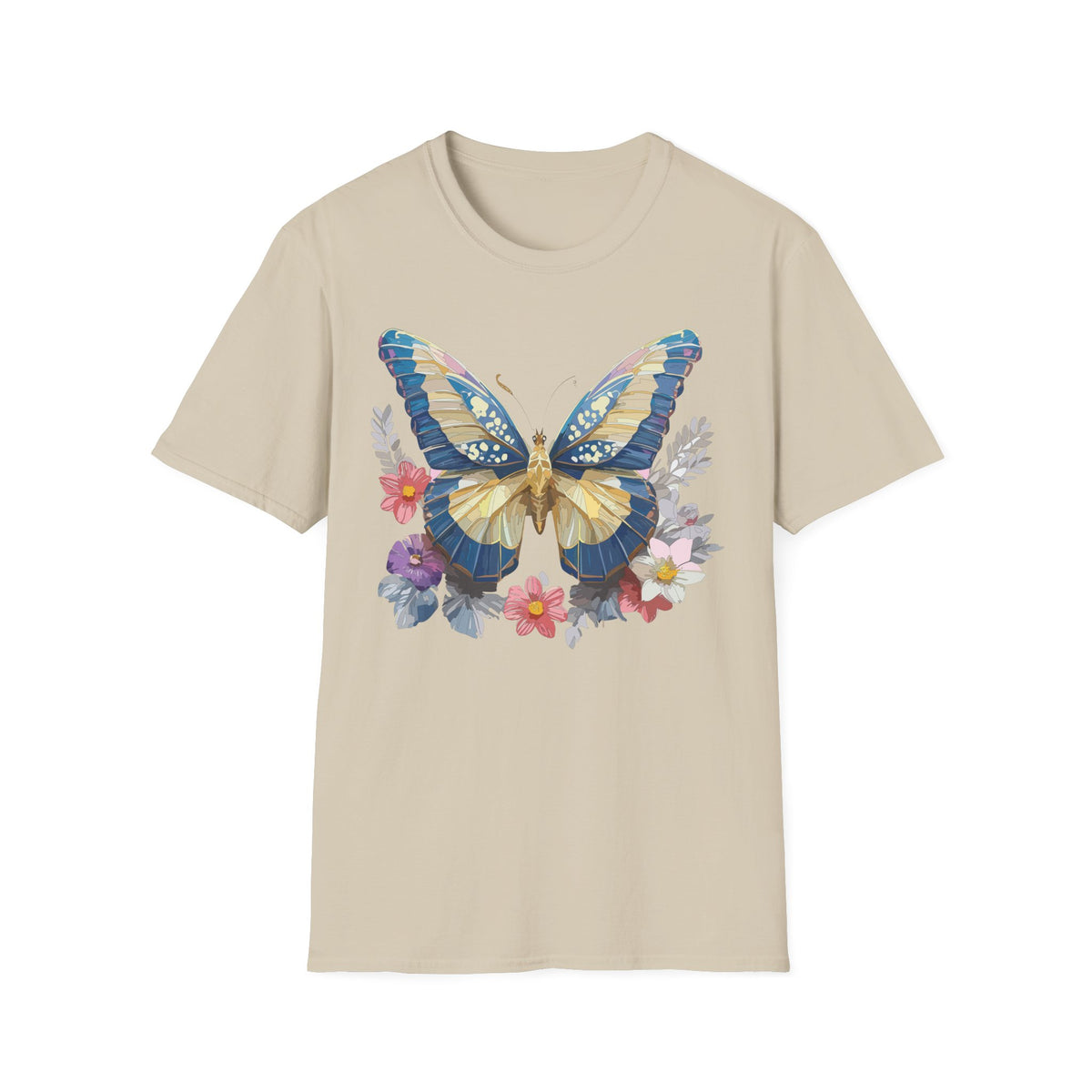 Blue Yellow Butterfly T-Shirt | Floral Wings Nature Graphic Tee Unisex 100 Cotton Gildan T-Shirt