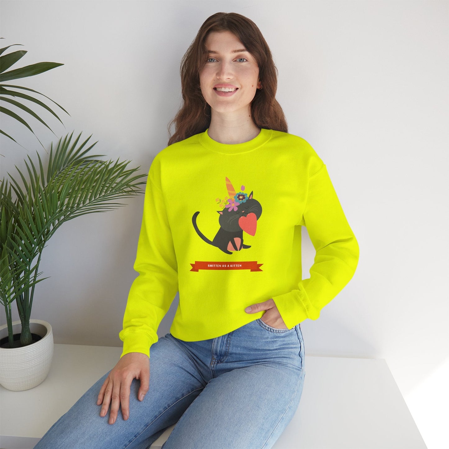 Cat Heart Sweatshirt Unisex Valentine Gift 50/50 Cotton-Poly Crewneck Gildan 18000