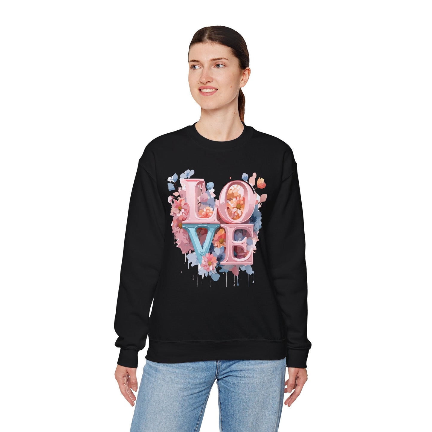 Floral Love Sweatshirt Valentines Day Unisex Heavy Blend Crewneck Gildan 18000 Cotton Polyester