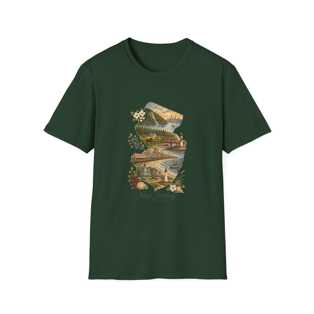 New Jersey Scenic Map T-Shirt — Vintage Travel Tourist Graphic Design Unisex 100 Cotton Gildan T-Shirt