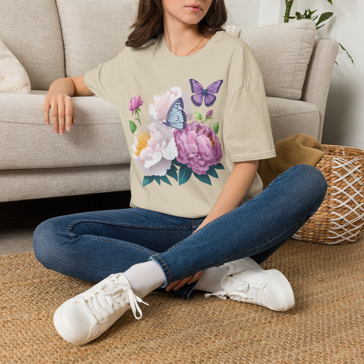 Floral Peonies & Butterflies T-Shirt — pastel garden tee for spring, Mother's Day Graphic Tee Unisex 100 Cotton Gildan T-Shirt