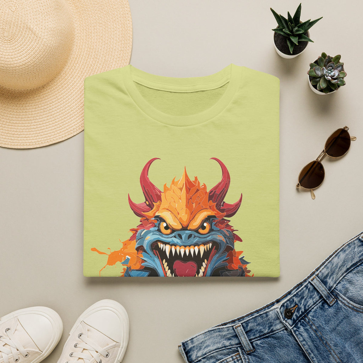 Monster T-Shirt — Fiery Demon Creature Cartoon Graphic Tee Unisex 100 Cotton Gildan T-Shirt