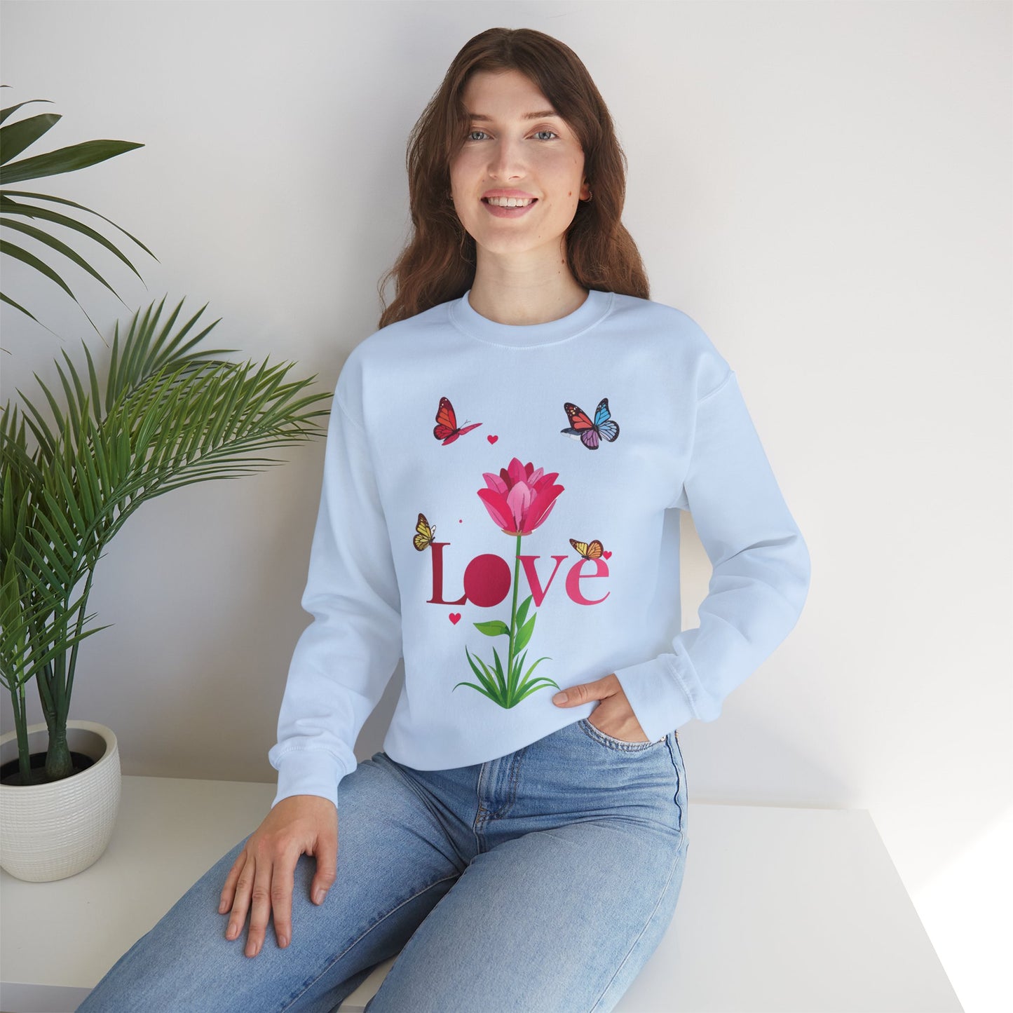 Unisex Floral Love Sweatshirt, Love Floral Sweatshirt, Floral Butterfly Sweatshirt, 50/50 Cotton-Poly Valentine's Day Sweatshirt 02