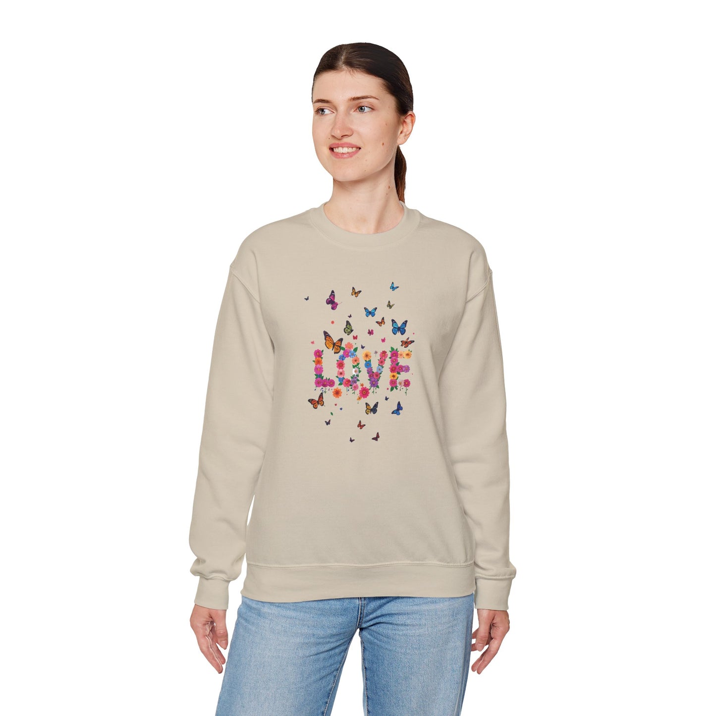 Unisex Floral Love Sweatshirt, Love Floral Sweatshirt, Floral Butterfly Sweatshirt, 50/50 Cotton-Poly Valentine's Day Sweatshirt 08