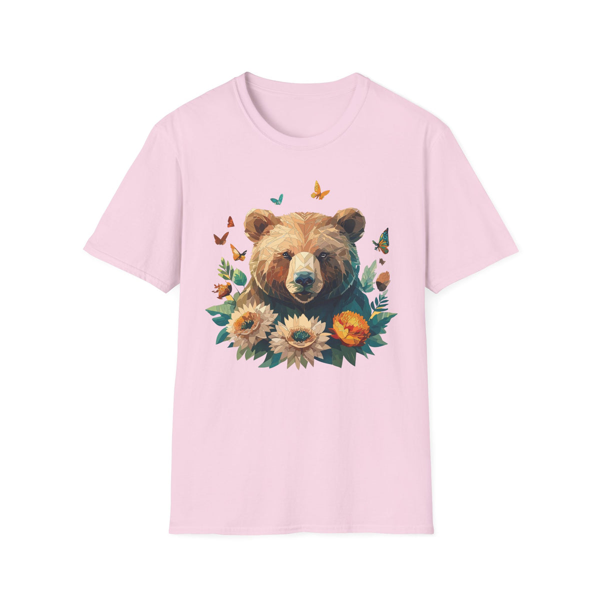 Floral Bear Illustration T-Shirt | Bear with Sunflowers and Butterflies