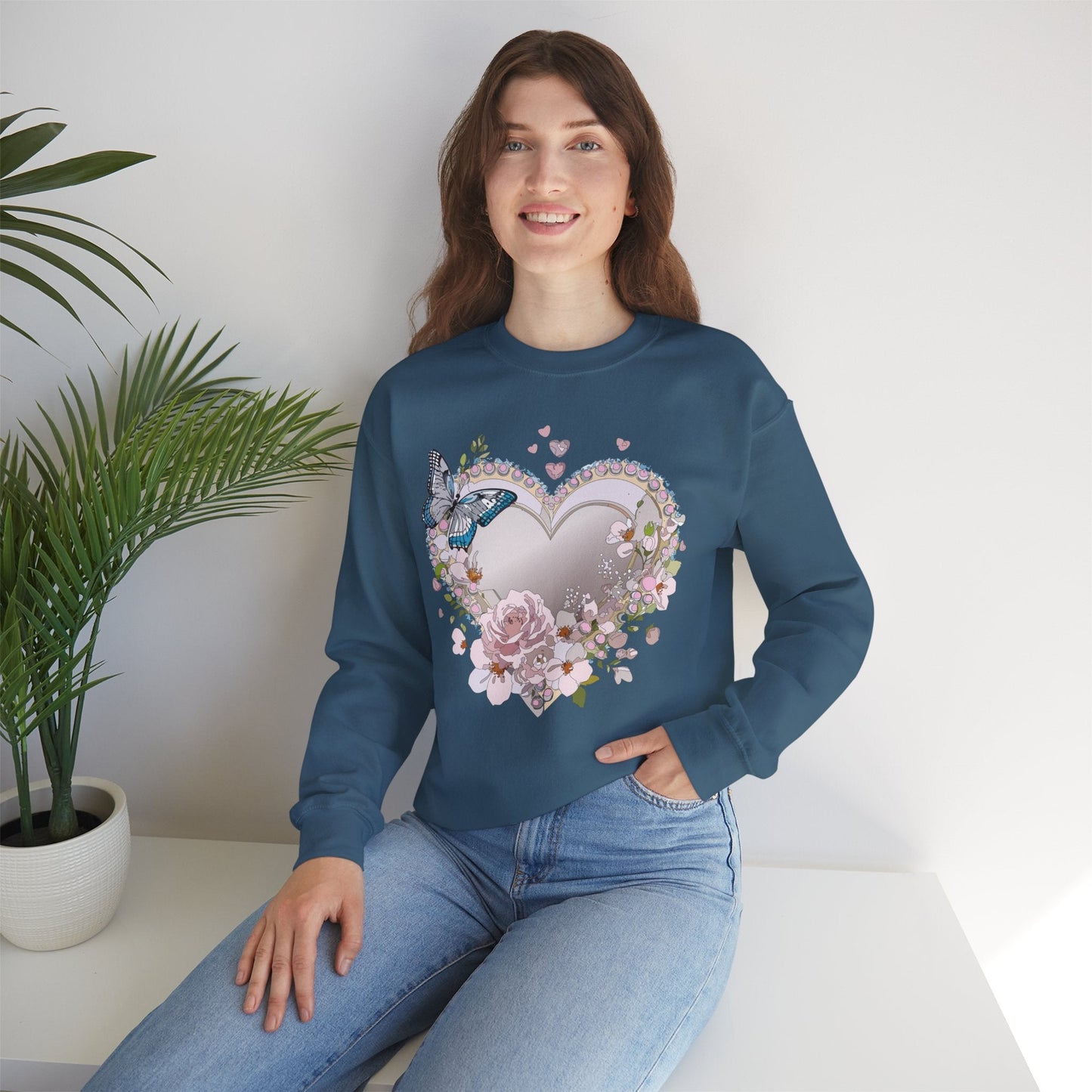 Unisex Floral Heart Sweatshirt For Valentines Day With Floral Love Print Crewneck Heavy Blend