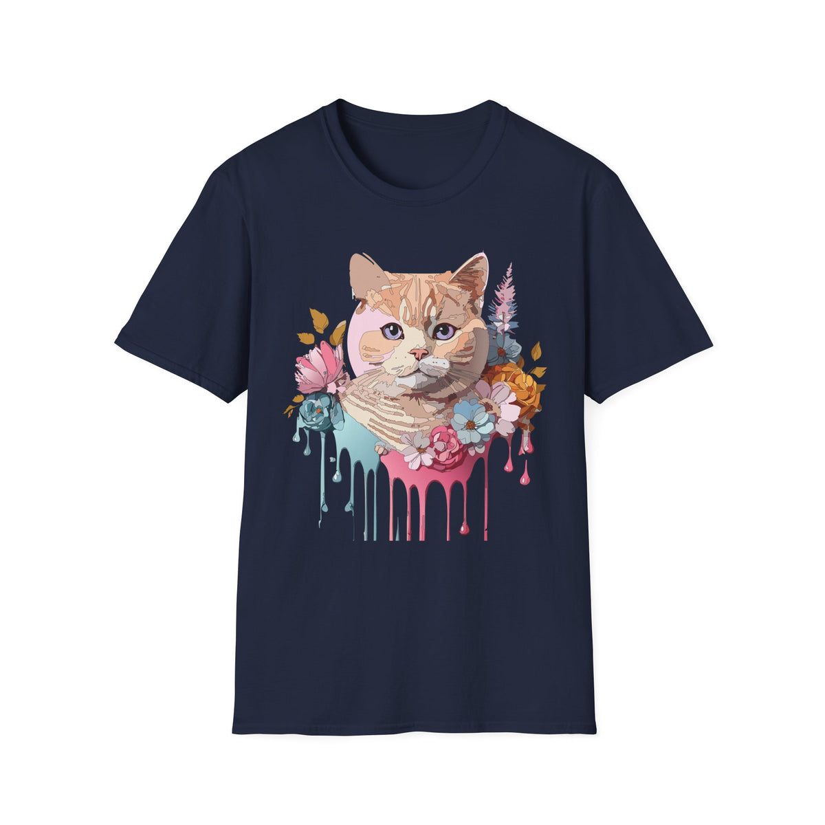 Floral Ginger Cat Portrait T-Shirt | Painted Cat Face with Flowers