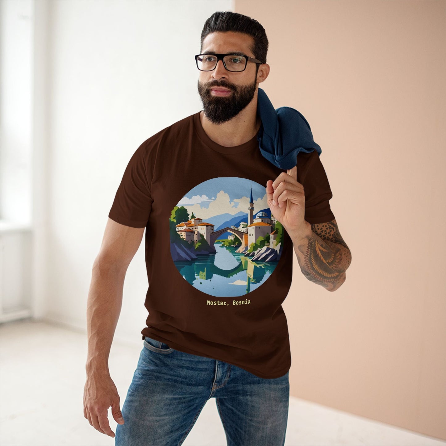 Unisex Premium Cotton Tee With Original Art Design Retro2Nova Travel And Bosnia Theme Shirt