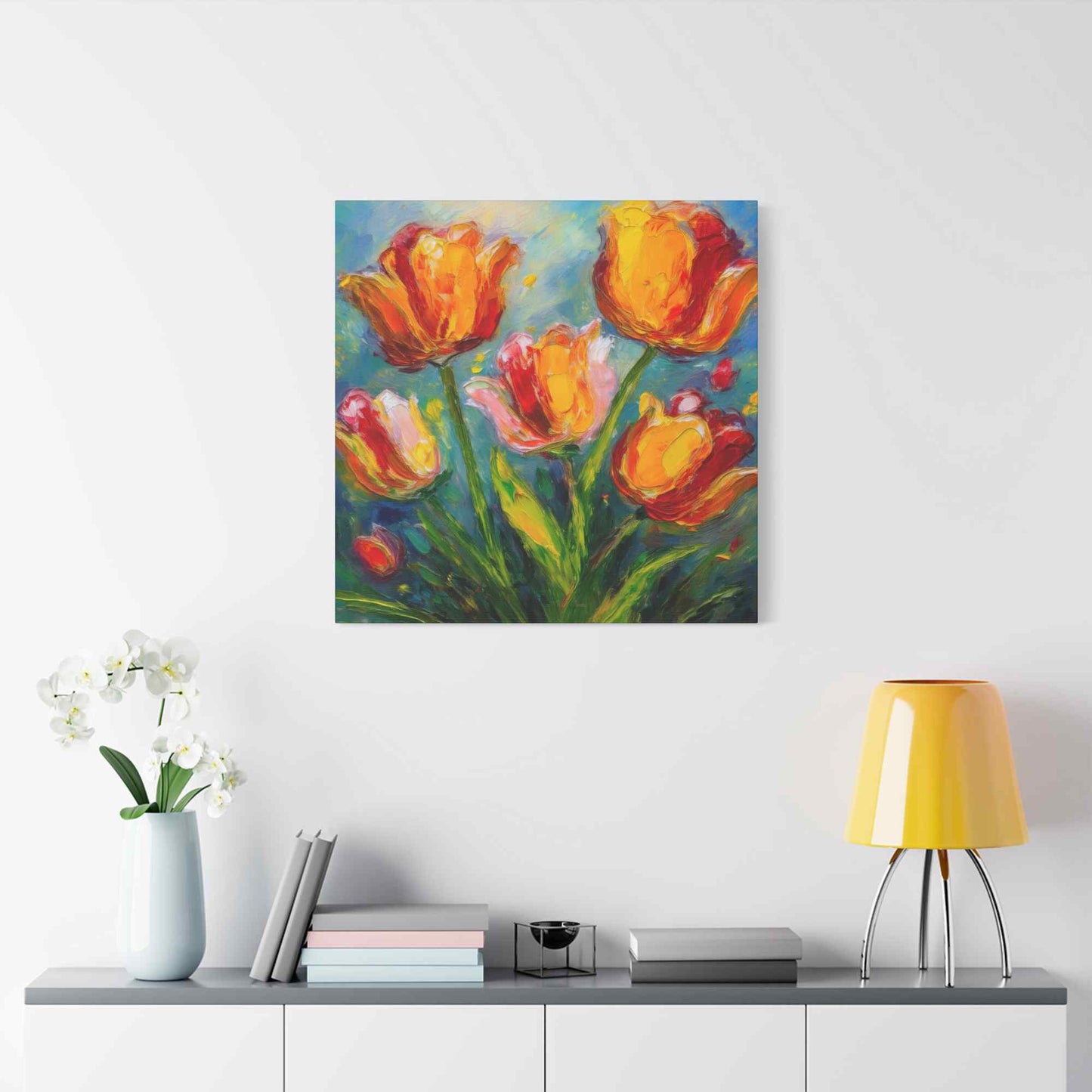 Tulips Print Canvas, Floral Oil Paint Print 20x20, 24x24, 30x30, 32x32, 36x36 Art Design Pine-Wood Inner Frame MC-144