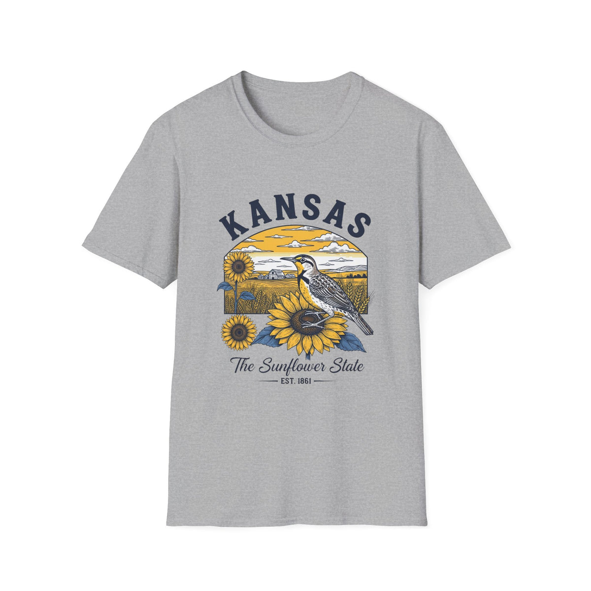 Kansas Sunflower State T-Shirt — Meadowlark Sunflowers Travel Tourist Graphic Design Unisex 100 Cotton Gildan T-Shirt