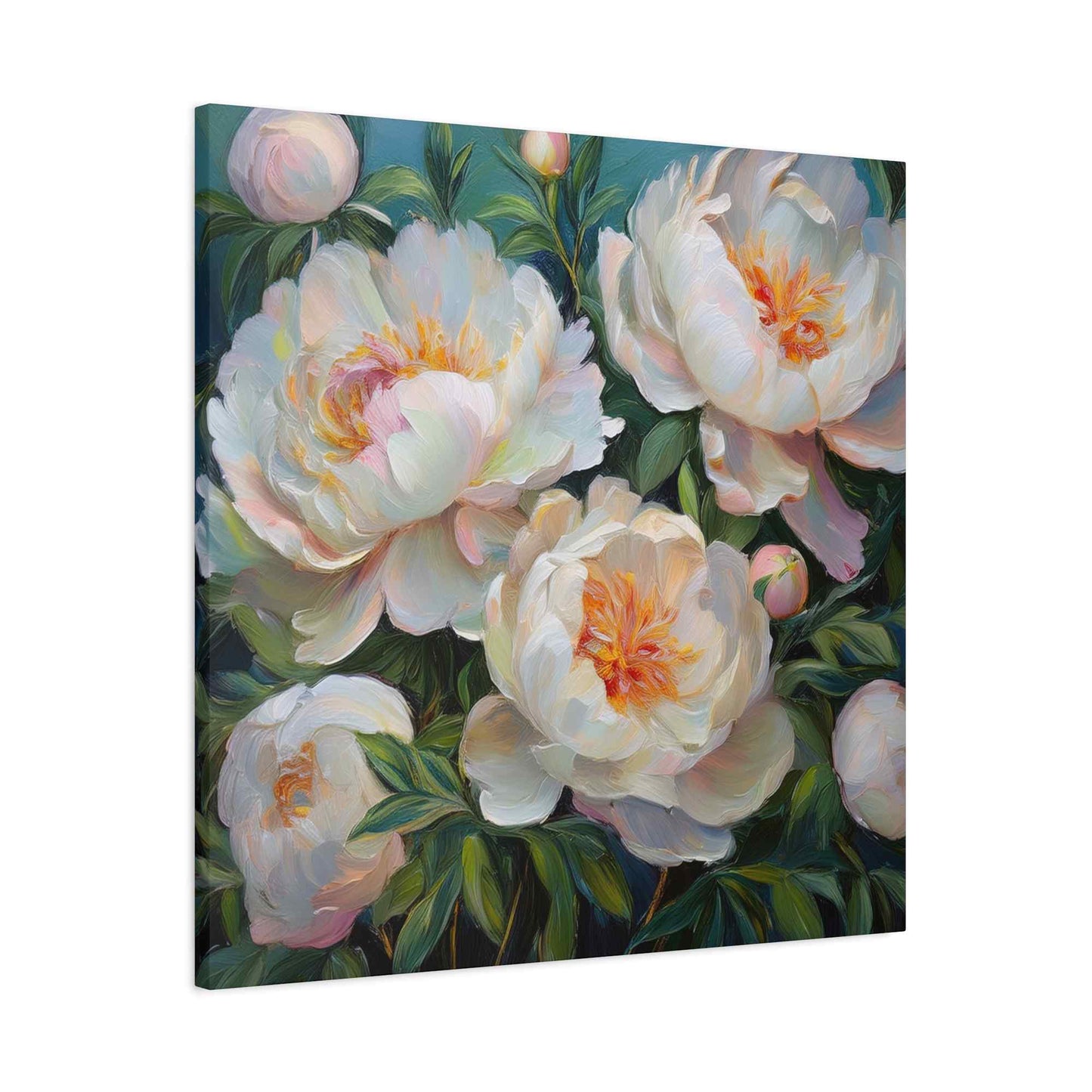 White Peonies Print Canvas, Floral Oil Paint Print 20x20, 24x24, 30x30, 32x32, 36x36 Art Design Pine-Wood Inner Frame MC-123