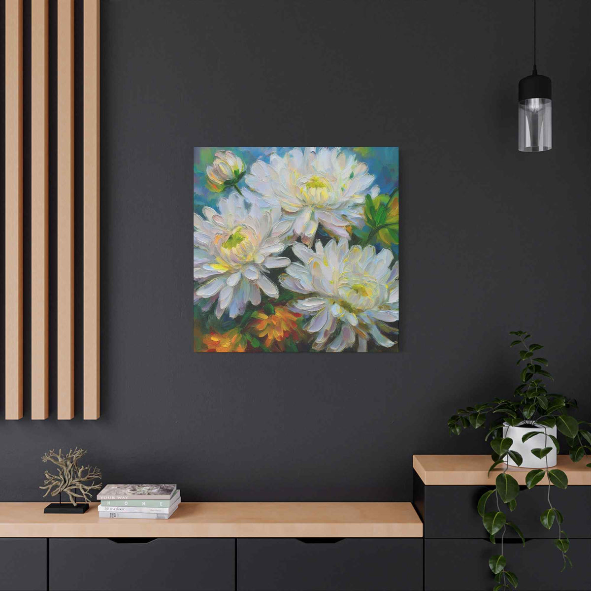 Chrysanthemums Print Canvas, Floral Oil Paint Print 20x20, 24x24, 30x30, 32x32, 36x36 Art Design Pine-Wood Inner Frame MC-161