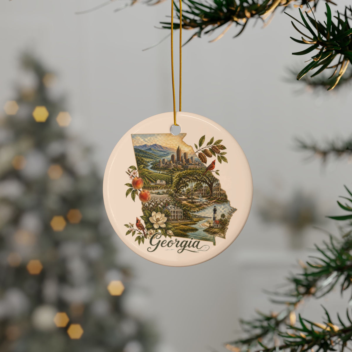 Georgia State Collage Ceramic Ornament | Round 2-Side Printed Ornament - 2.99" Includes Gold String