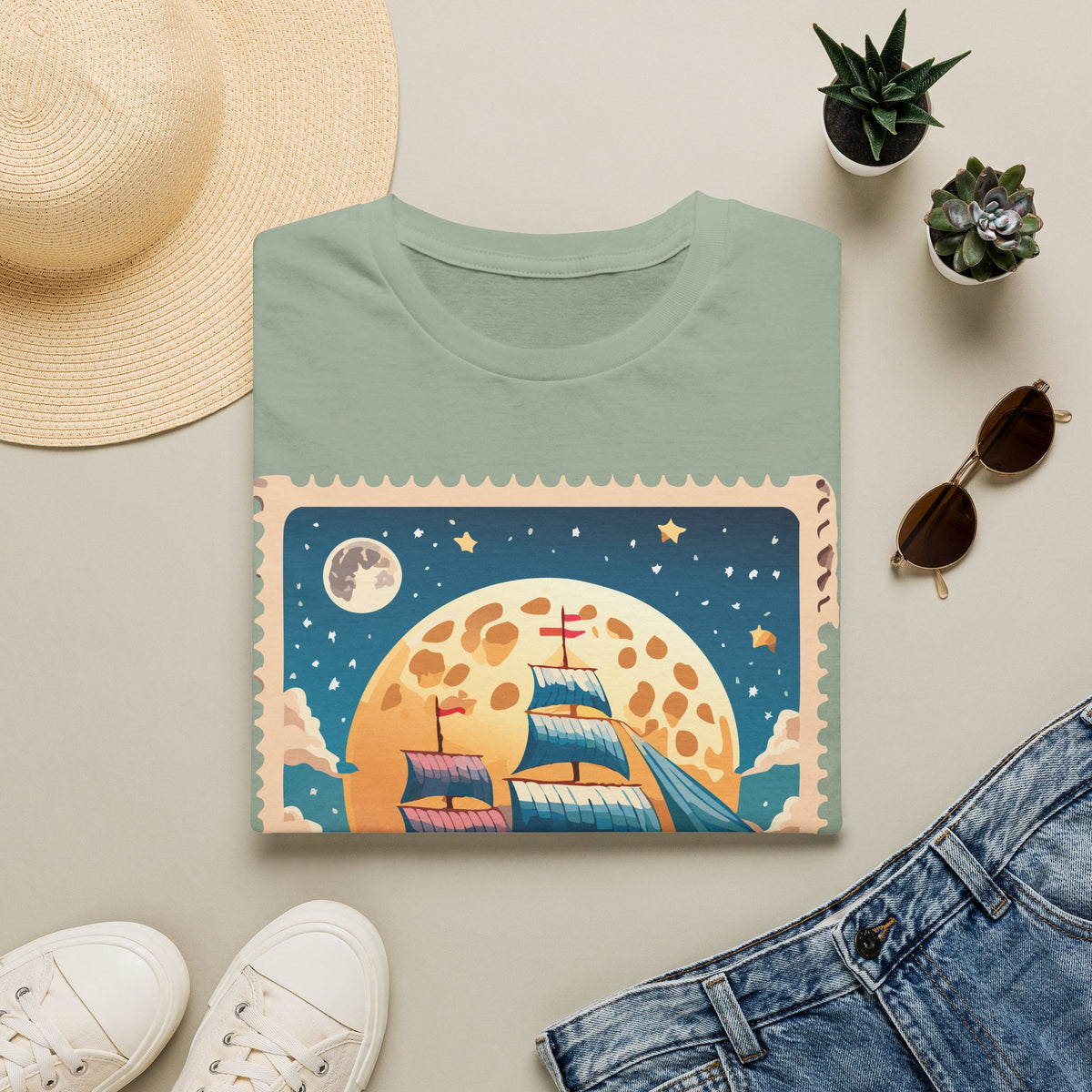 Vintage Sailboat at Moonrise T-Shirt | Nautical Sunset Illustration