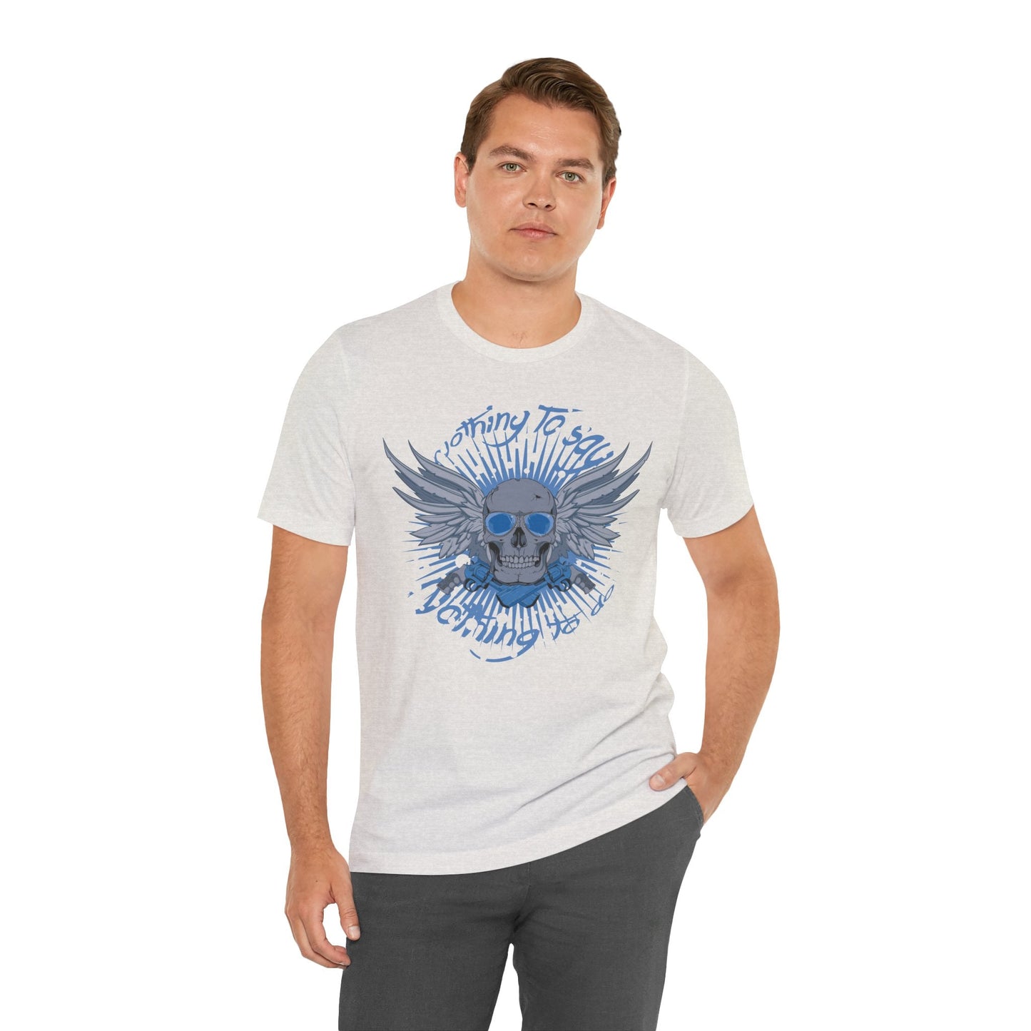 Winged Skull Graphic Tee | Blue Skull with Wings, Radiant Burst