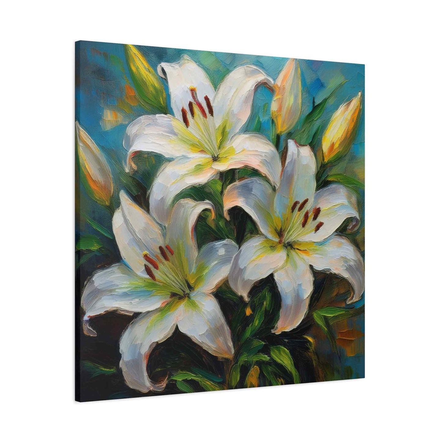 White Lilies Print Canvas, Floral Oil Paint Print 20x20, 24x24, 30x30, 32x32, 36x36 Art Design Pine-Wood Inner Frame MC-154
