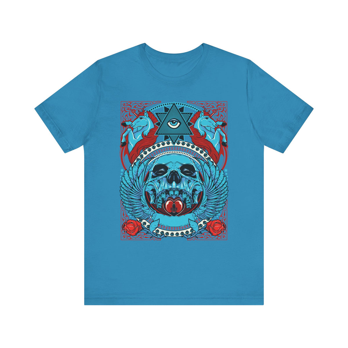 All-Seeing Skull Illustration Tee Winged Skull Third Eye Roses T-Shirt