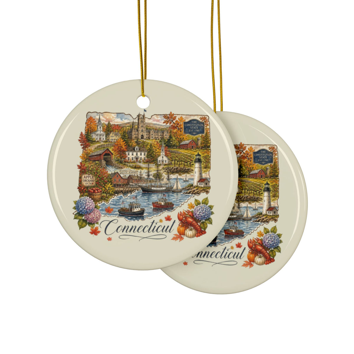 Connecticut Vintage Collage Ornament Ceramic Ornament | State Souvenir, Two-Sided - 2.99" Includes Gold String