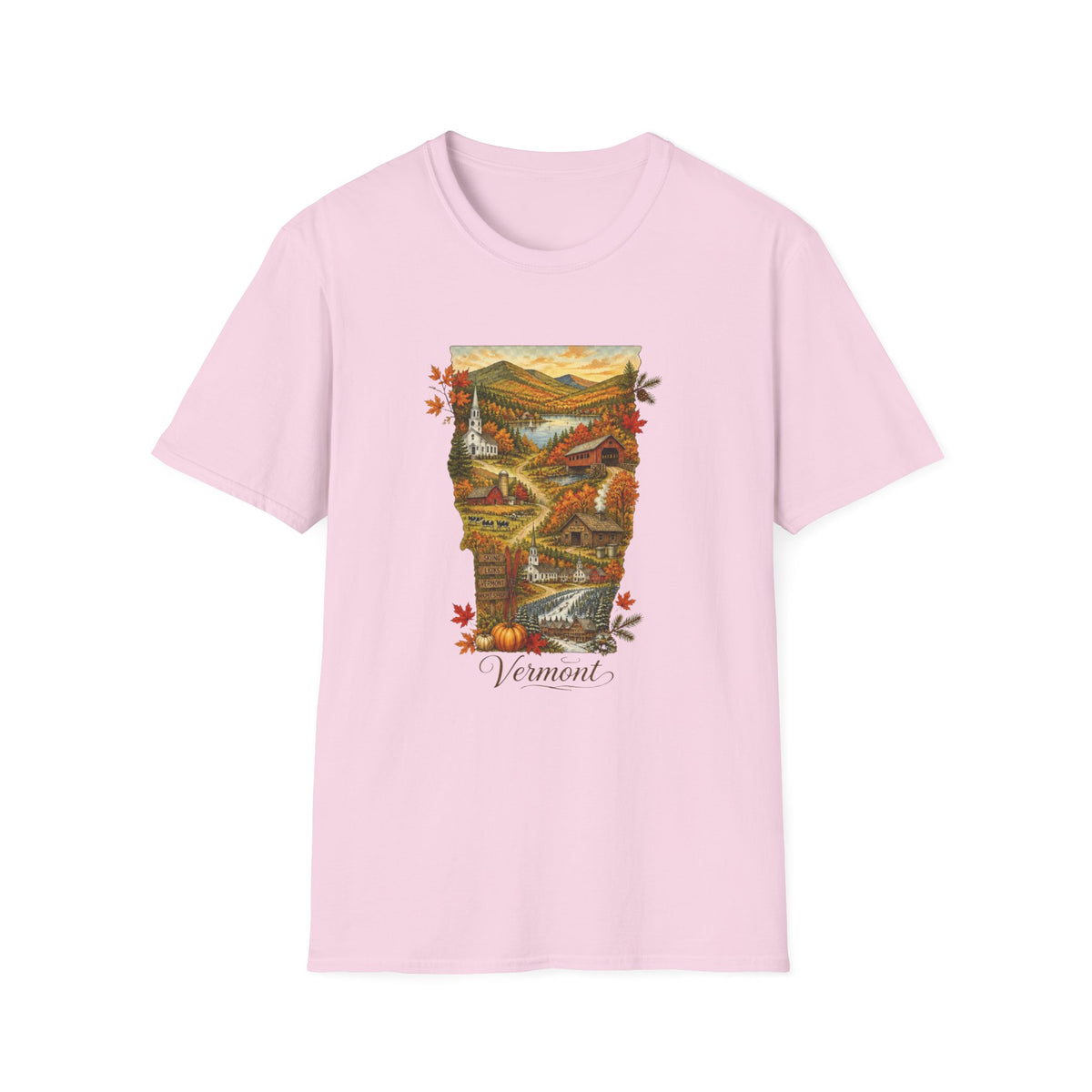 Vermont Fall Scenic T‑Shirt — Autumn Maple Leaves Landscape Travel Tourist Graphic Design Unisex 100 Cotton Gildan T-Shirt