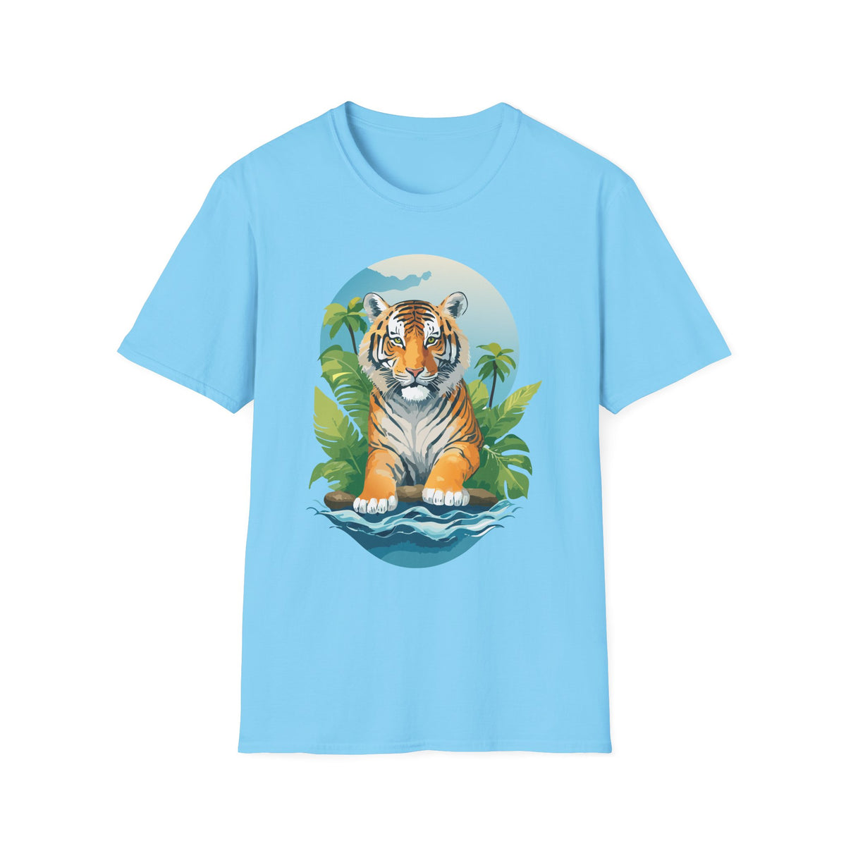 Tropical Tiger Illustration T-Shirt | Jungle Palm Sunset Tee