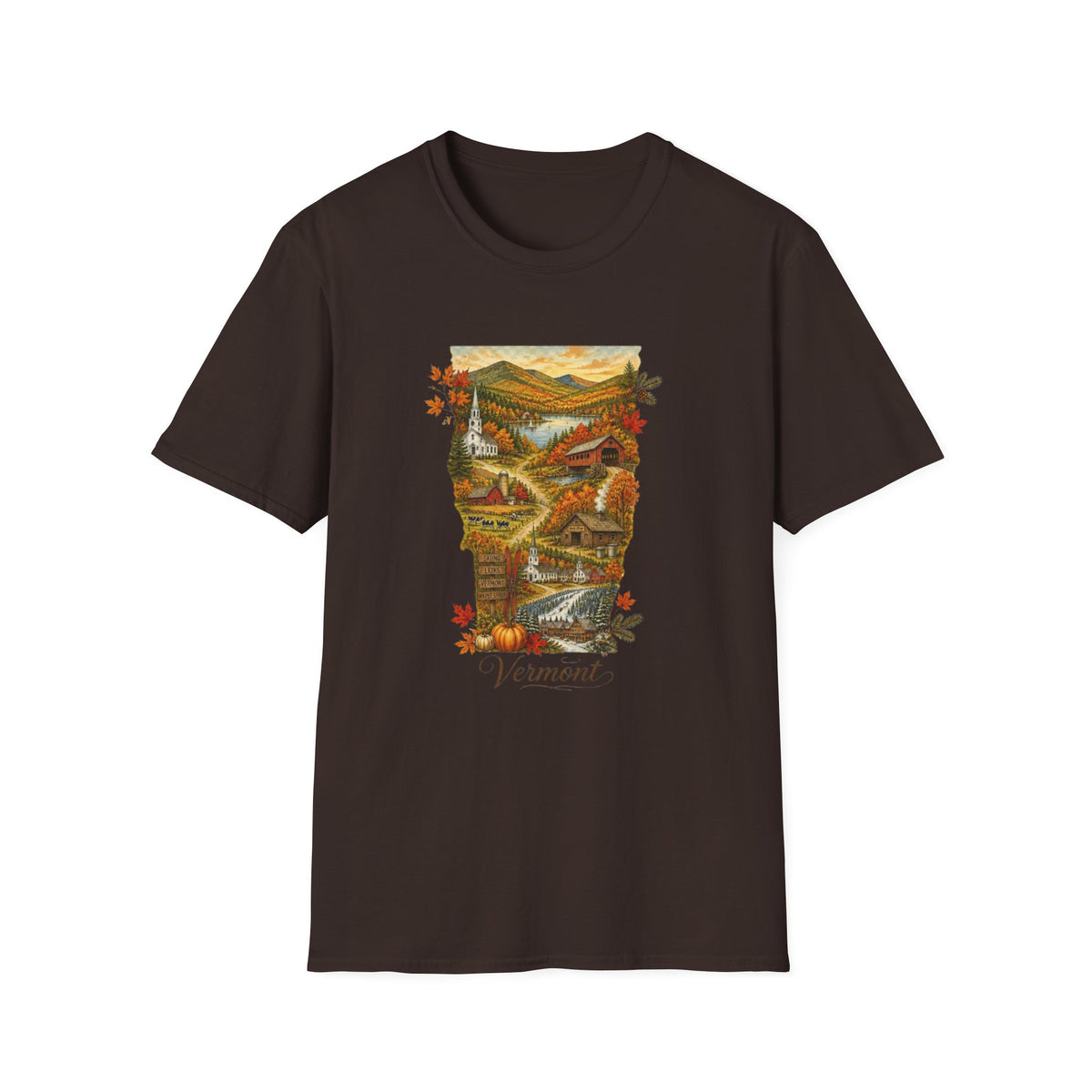 Vermont Fall Scenic T‑Shirt — Autumn Maple Leaves Landscape Travel Tourist Graphic Design Unisex 100 Cotton Gildan T-Shirt