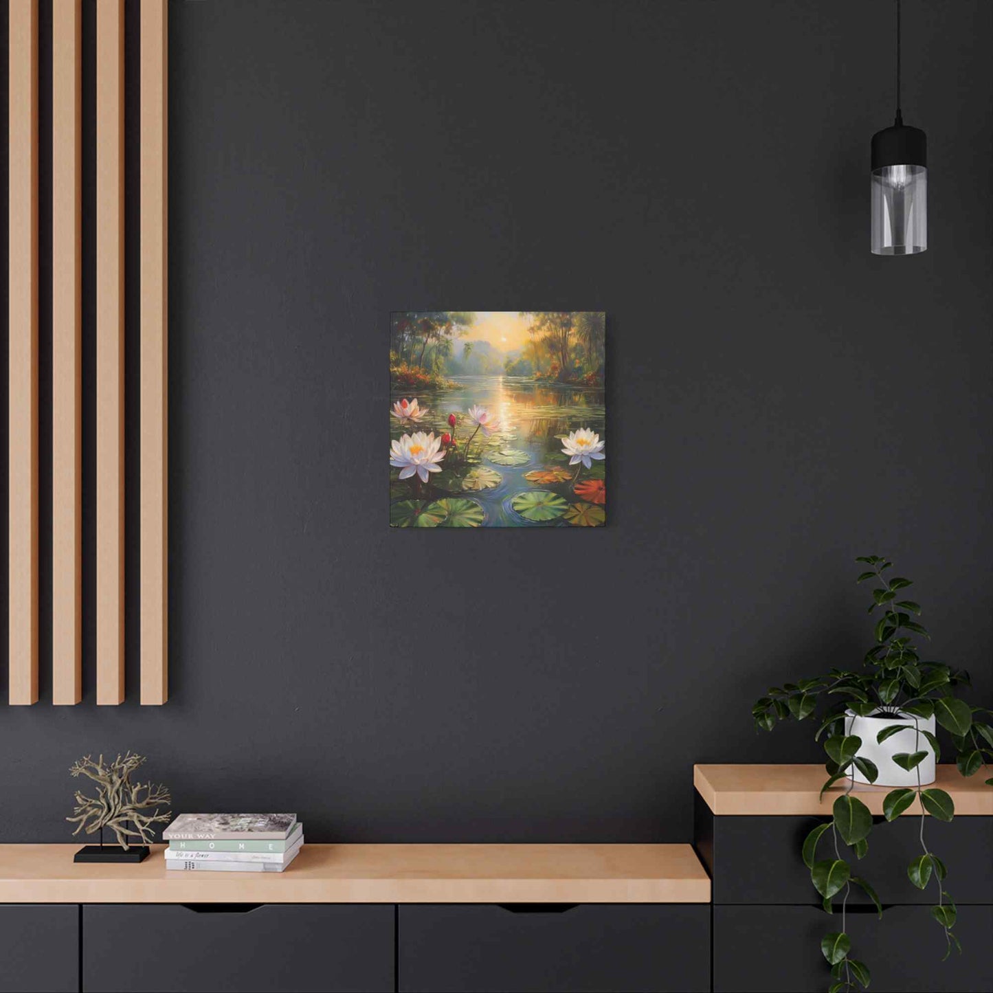 Water Lilies Print Canvas, Oil Paint Print 20x20, 24x24, 30x30, 32x32, 36x36 Floral Art Print Pine-Wood Inner Frame MC-65