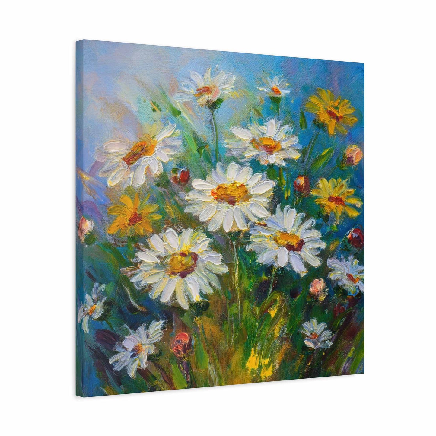 White Daisies Print Canvas, Floral Oil Paint Print 20x20, 24x24, 30x30, 32x32, 36x36 Art Design Pine-Wood Inner Frame MC-128