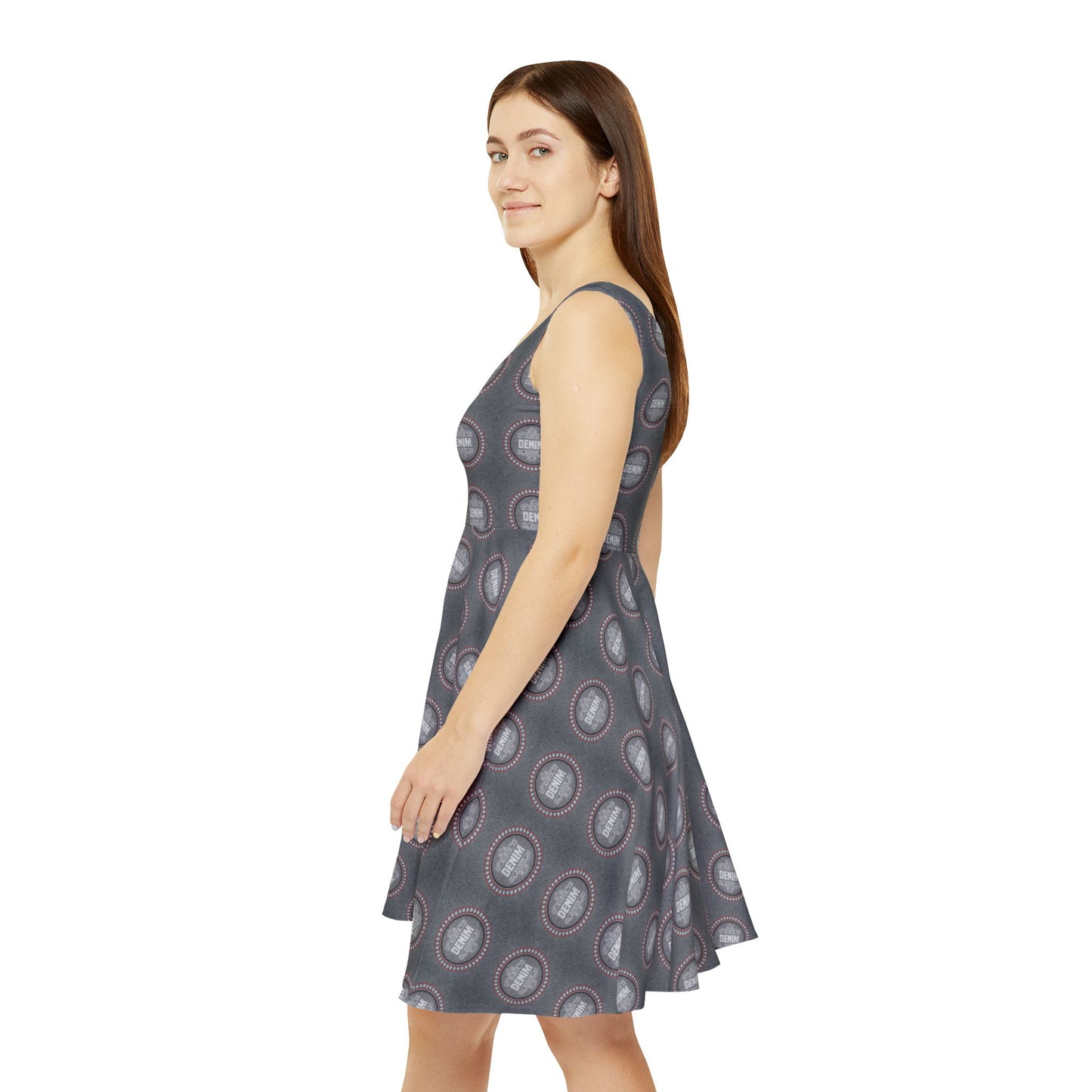 Women Denim Print Skater Dress, Denim Print Poly-Span Dress - 19-2
