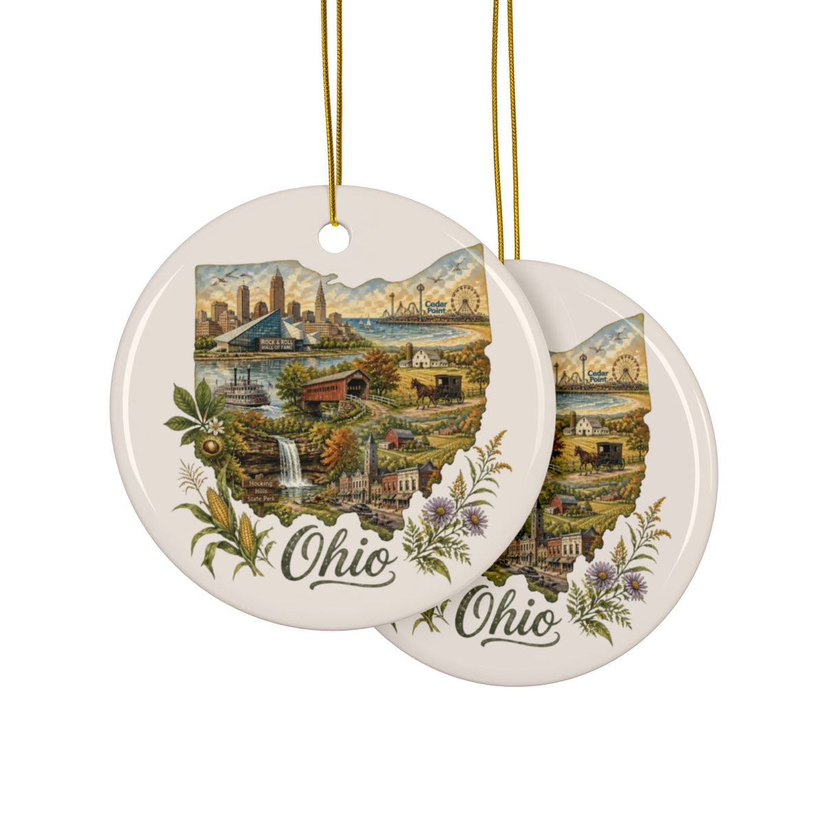 Ohio State Scenes Ceramic Ornament | Round Double-Sided Holiday Decoration - 2.99" Includes Gold String