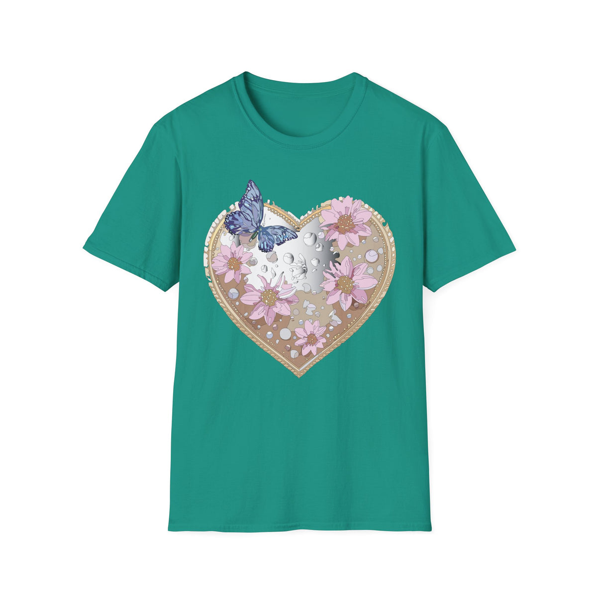 Floral Heart with Butterfly T-Shirt | Pink Flowers, Moon Phases Graphic Tee Unisex 100 Cotton Gildan T-Shirt