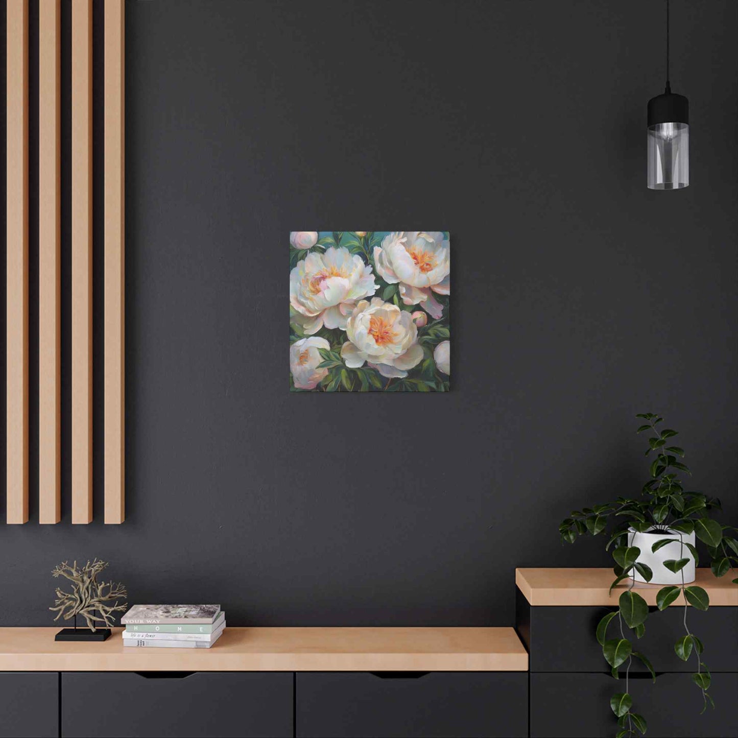 White Peonies Print Canvas, Floral Oil Paint Print 20x20, 24x24, 30x30, 32x32, 36x36 Art Design Pine-Wood Inner Frame MC-123