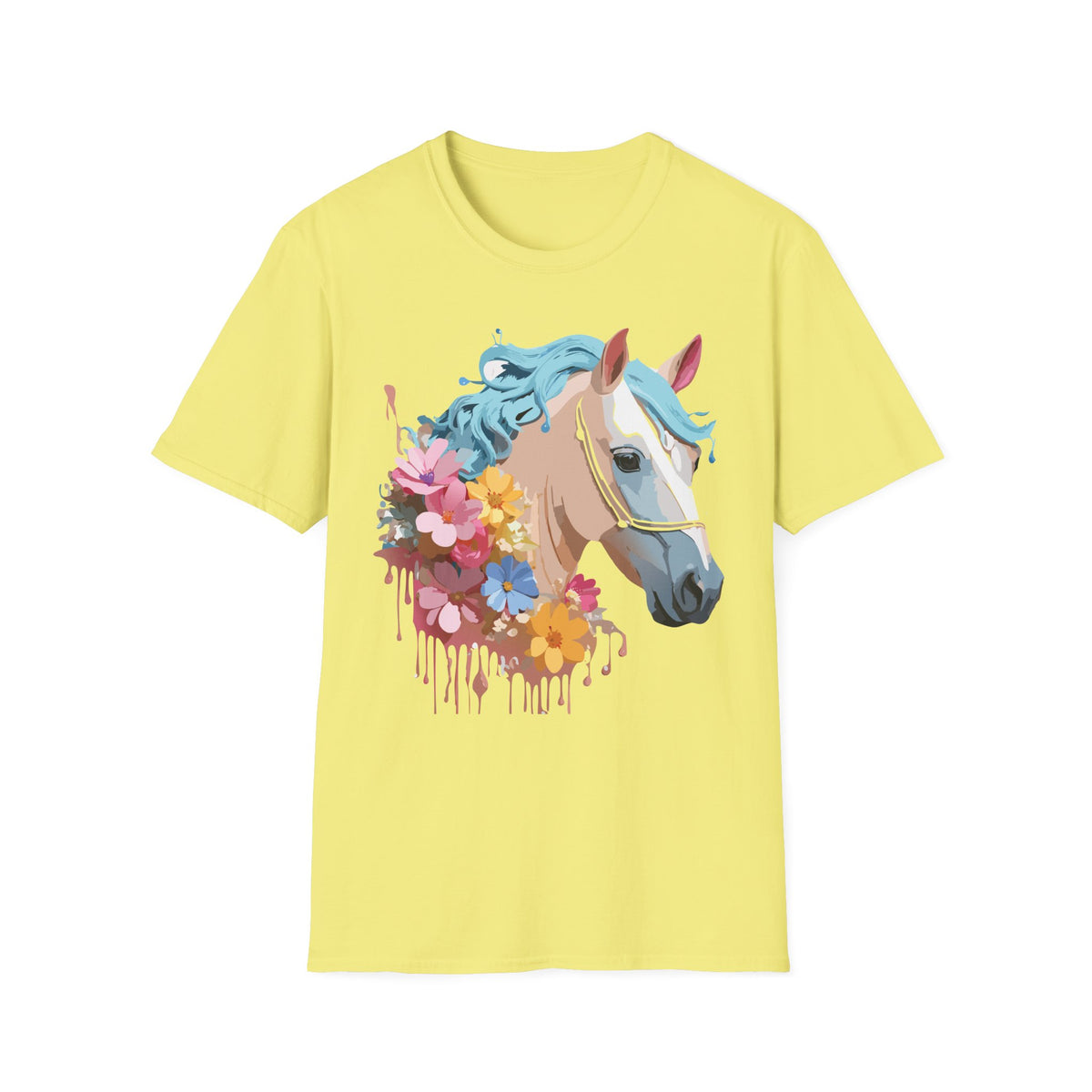 Floral Horse Illustration T-Shirt | Pastel Blue Mane, Watercolor Flowers
